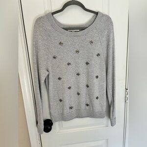 LOFT Cozy Light Gray Jewel Embellished Sweater Large Granny Cottagecore Floral